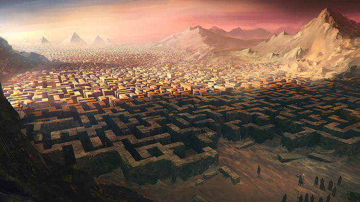 Vast labyrinth with pyramids in the distance