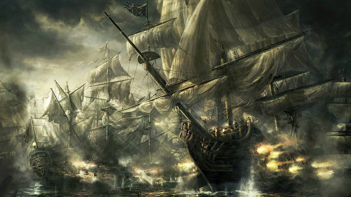 Naval battle between sailing ships at sea