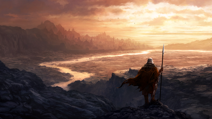 Fantasy landscape with a warrior overlooking a city