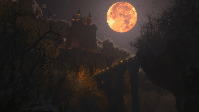 Castle on a hill with a large moon and bridge