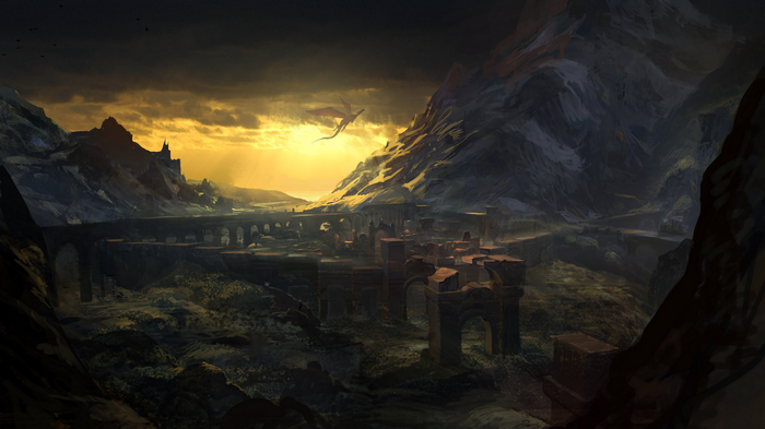 Dragon flying over ancient ruins and a bridge
