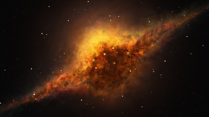 A vibrant orange and yellow nebula in deep space