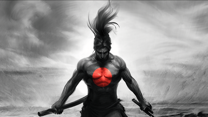 Samurai warrior with a red sun symbol on his chest