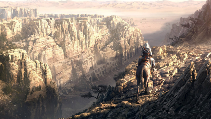 Assassin's Creed Altaïr Ibn-LaAhad riding a horse in a canyon