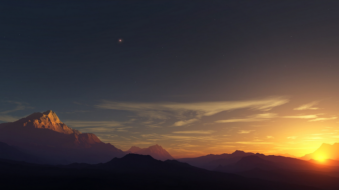 Sunset over mountains with a bright star