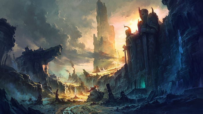 Warcraft ruins with a dragon and statues
