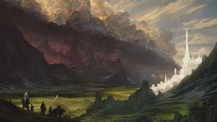 Fantasy landscape with a white city and a dark storm