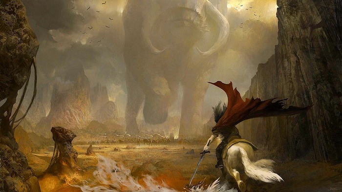 Fantasy Battle with Giant and Warrior on Horse