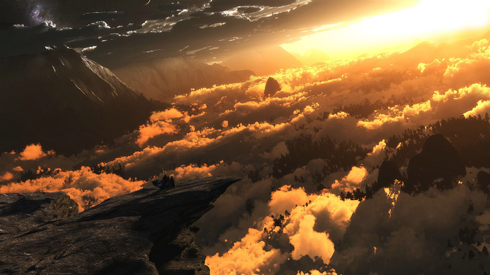 Fantasy landscape with mountains and clouds at sunset