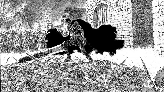 Guts standing over a battlefield in Berserk