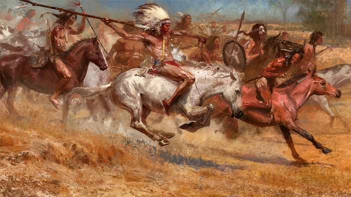 Native Americans on horseback in battle with spears