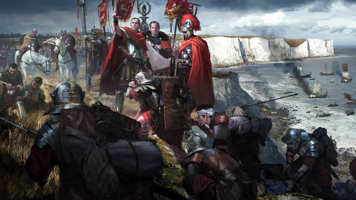 Roman soldiers landing on a coast with ships in the background