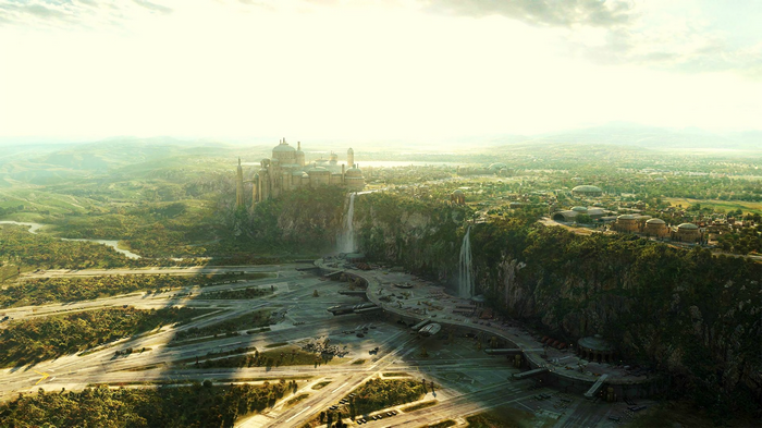 Theed Palace on Naboo with waterfalls and city