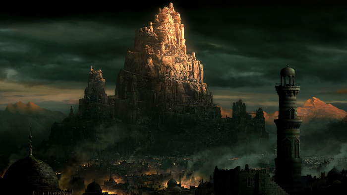 A fantasy city with a large fortress and minaret