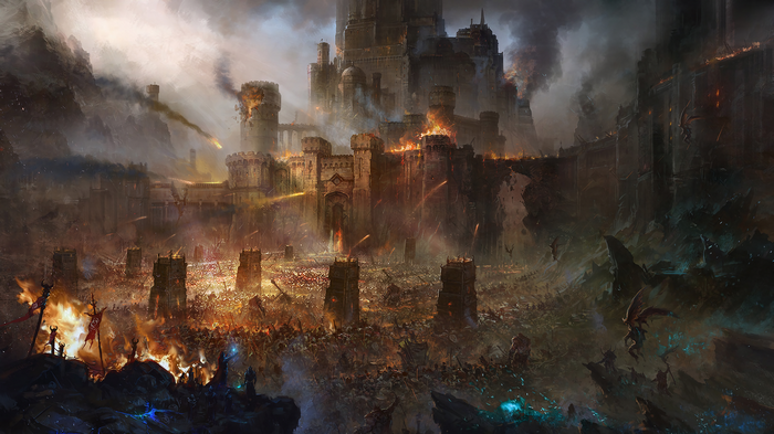 Siege of a burning castle with armies and dragons