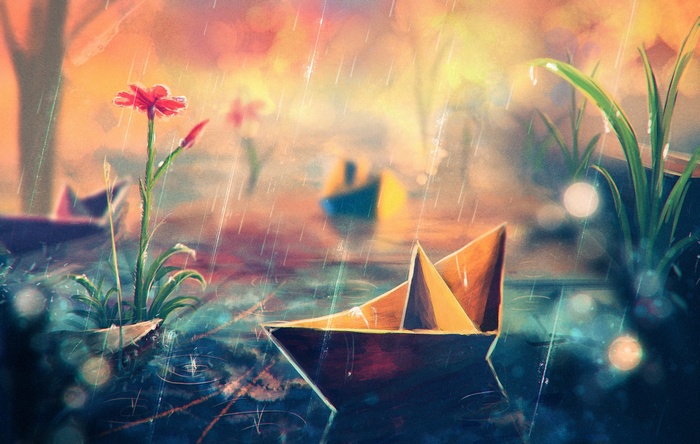 Paper boats sailing in the rain