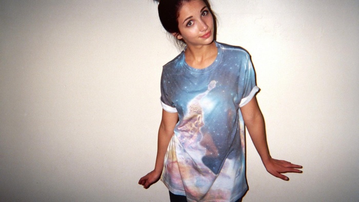 Emily Rudd wearing a galaxy print t-shirt