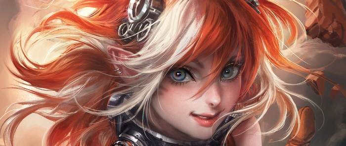 Anime girl with orange and white hair and blue eyes