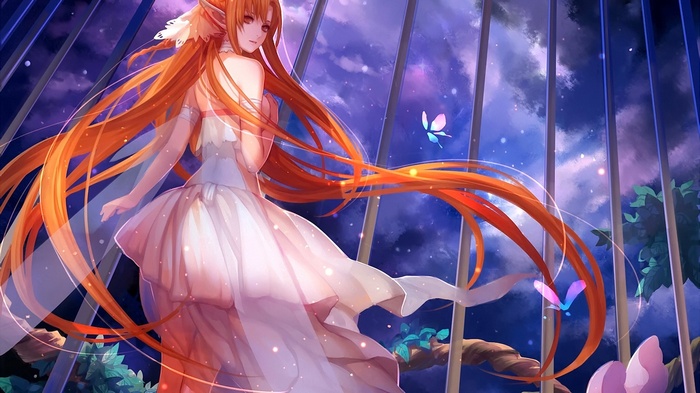 Asuna Yuuki in a white dress with butterflies