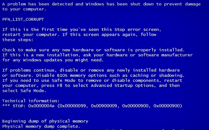 Windows Blue Screen of Death PFN_LIST_CORRUPT Error