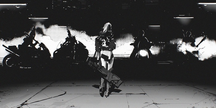 Anime characters on motorcycles in a dark setting