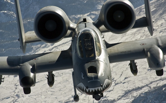 Fairchild A-10 Thunderbolt II flying over a snowy landscape