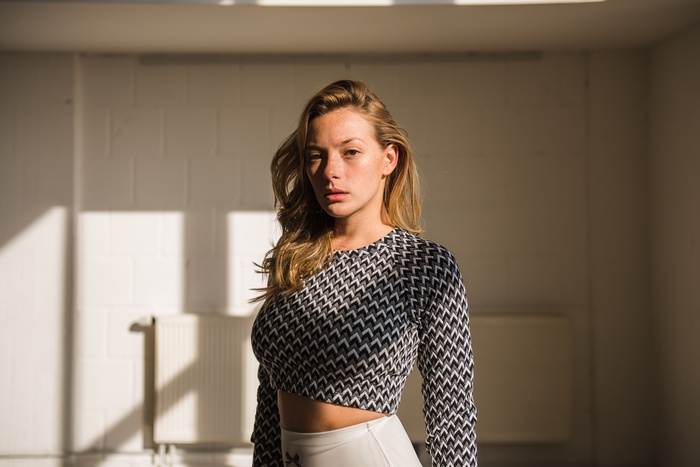 Olga Kobzar in a patterned crop top