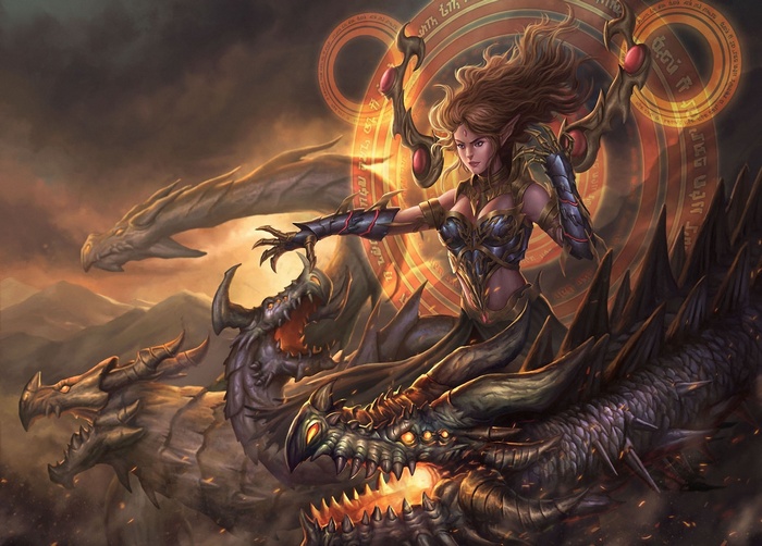 Elf woman riding a dragon with other dragons