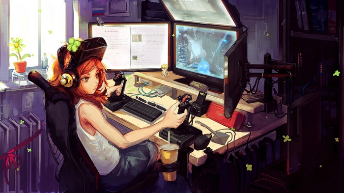Vivian James plays video games with joysticks and VR headset
