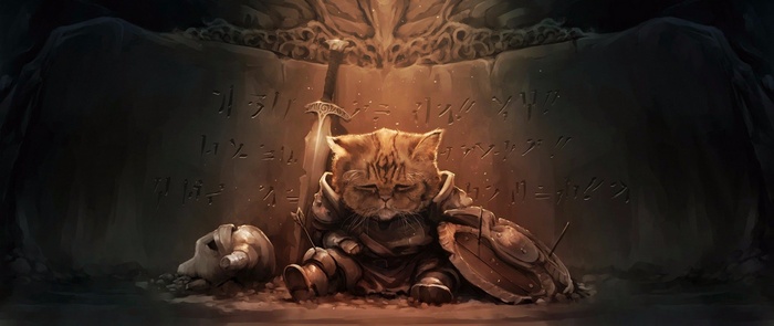 Cat warrior in armor with sword and shield in Skyrim