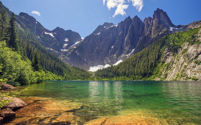 Lake surrounded by mountains and forest