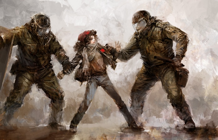Two soldiers apprehending a young woman