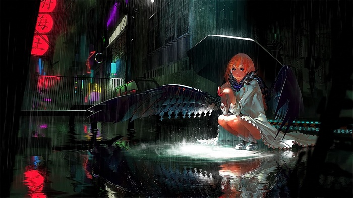 Anime girl with wings in the rain at night