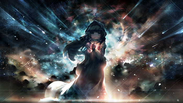 Anime girl with hood in a cosmic background