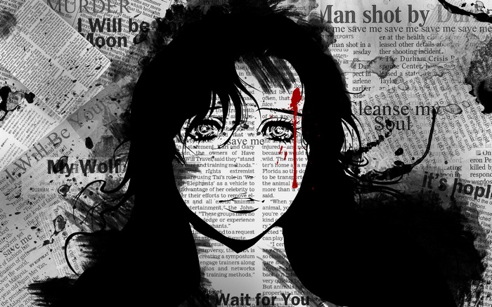 Anime Girl with Blood Splatter on Newspaper Background