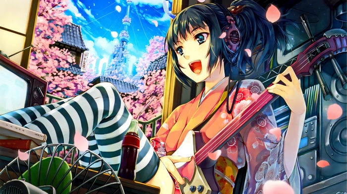 Anime girl in kimono playing guitar with cherry blossoms