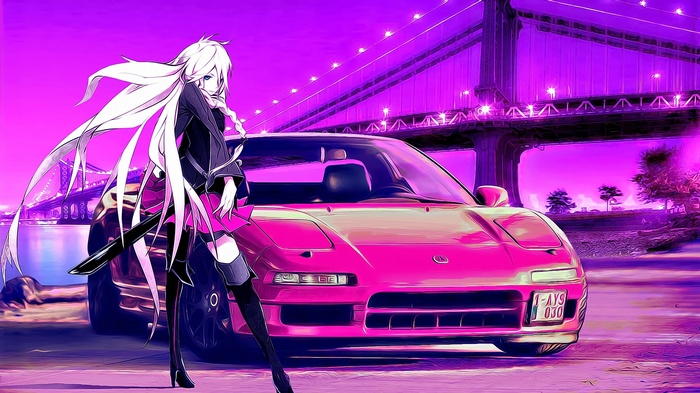 IA Vocaloid with pink car and bridge at night
