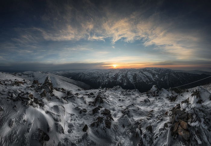 Sunrise over snow-covered mountains in Bulgaria