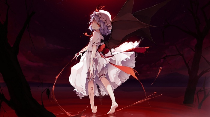Remilia Scarlet from Touhou in a white dress with wings