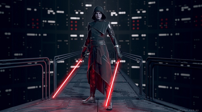 Asajj Ventress with two red lightsabers