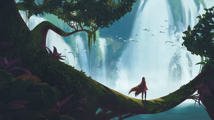 trees, waterfall, fantasy art, lake, birds