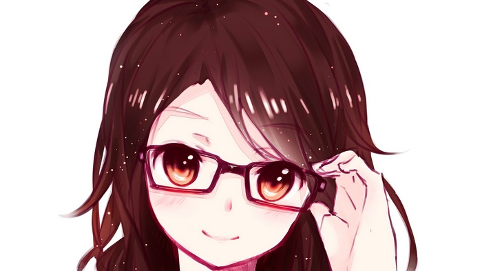 Anime girl with long brown hair and glasses smiling