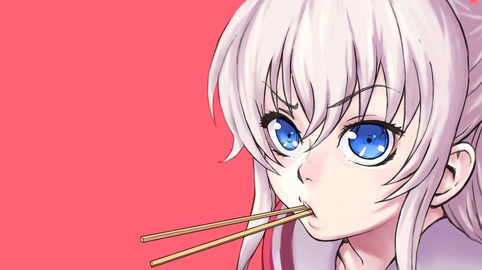 Anime girl with blue eyes eating with chopsticks