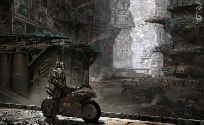 Science fiction rider on a motorcycle in a futuristic city