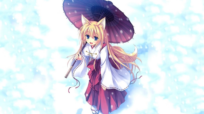 Anime Fox Girl in Miko Outfit Holding Umbrella