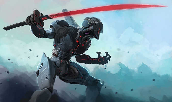 Futuristic robot warrior with a red energy sword