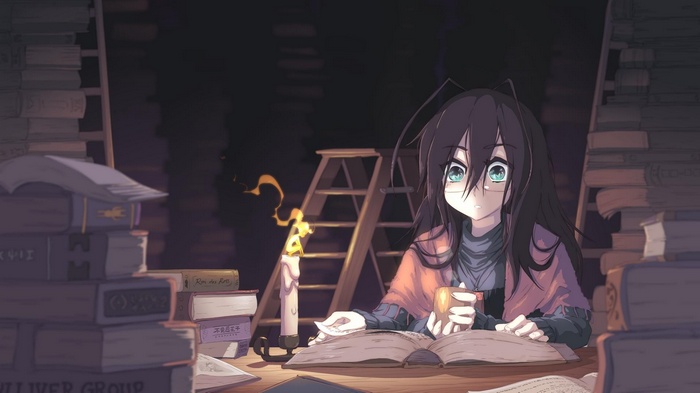 Anime girl studying by candlelight surrounded by books