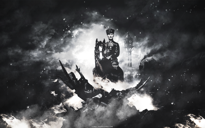 Mustafa Kemal Atatürk on horseback in a dark collage