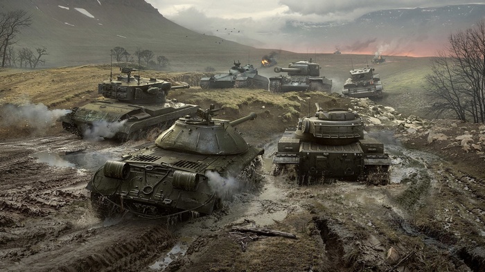 World of Tanks IS-3 tanks in muddy terrain