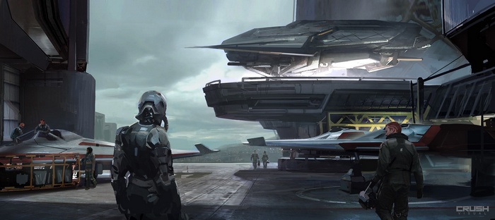 Science fiction artwork of a spaceship hangar